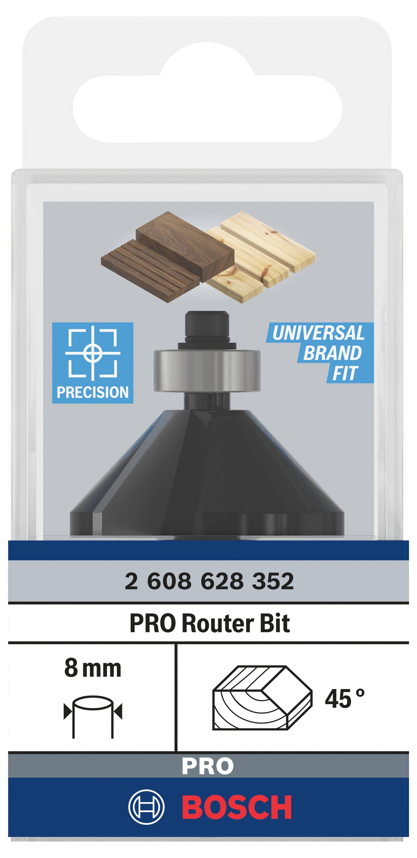 Frez do frezarki Bosch o średnicy 8 mm i kącie skrawania 45°. Odpowiedni do precyzyjnego frezowania w drewnie. Uniwersalne dopasowanie marki.