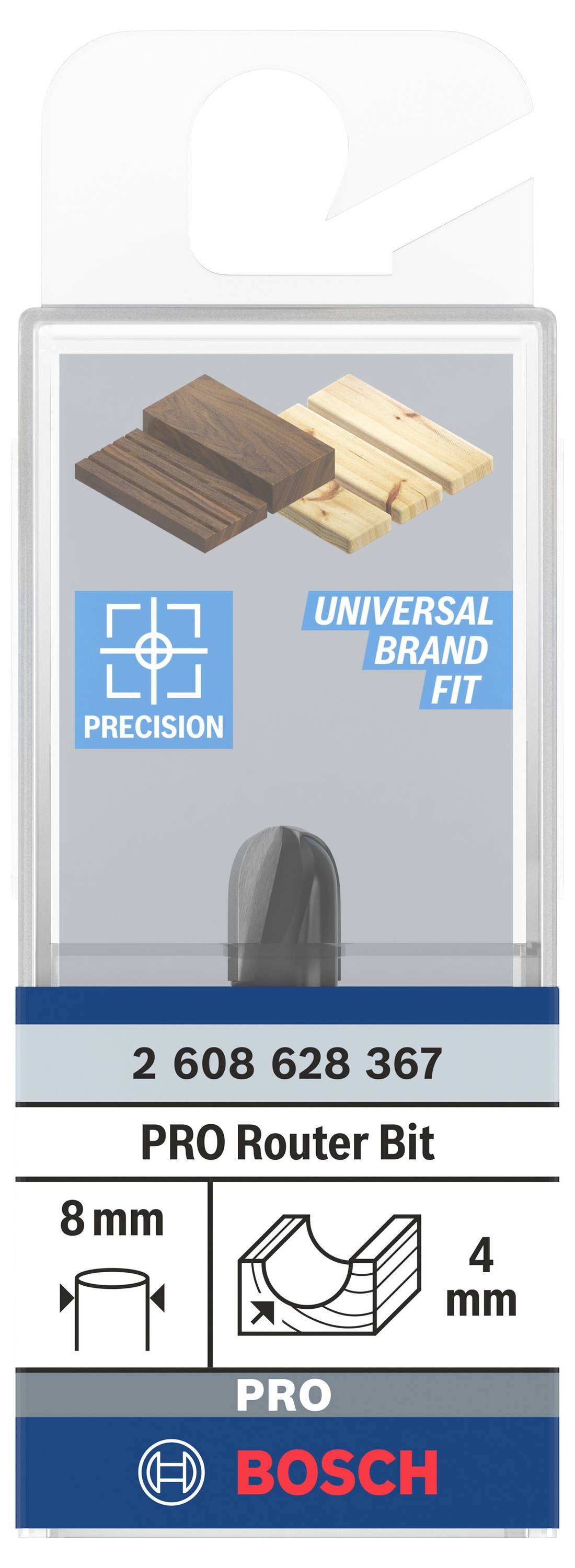 Opakowanie frezu Bosch PRO, odpowiedniego do różnych gatunków drewna. Średnica 8 mm, długość cięcia 4 mm. Precyzja i uniwersalne dopasowanie.