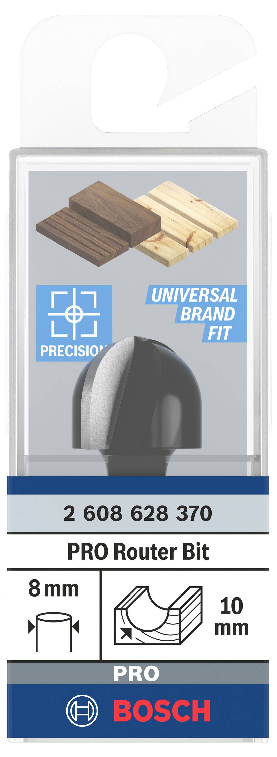 Opakowanie 'PRO Router Bit' firmy Bosch. Przedstawia narzędzie frezarskie do obróbki drewna o szerokości 8 mm i promieniu 10 mm.