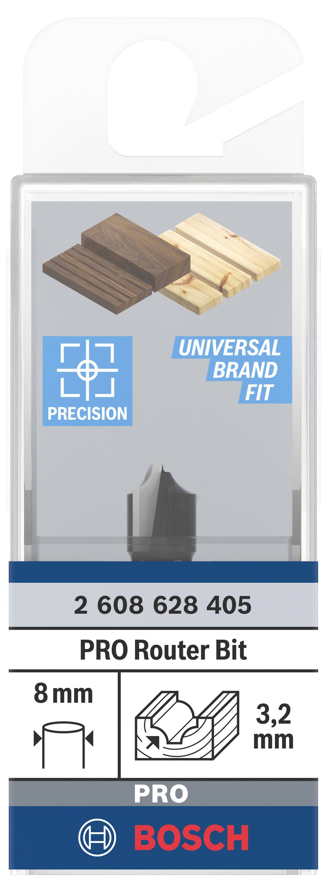 Opakowanie produktu dla frezu BOSCH PRO, pokazuje zastosowanie narzędzia na drewnie, precyzyjna obróbka, odpowiedni do różnych gatunków drewna.