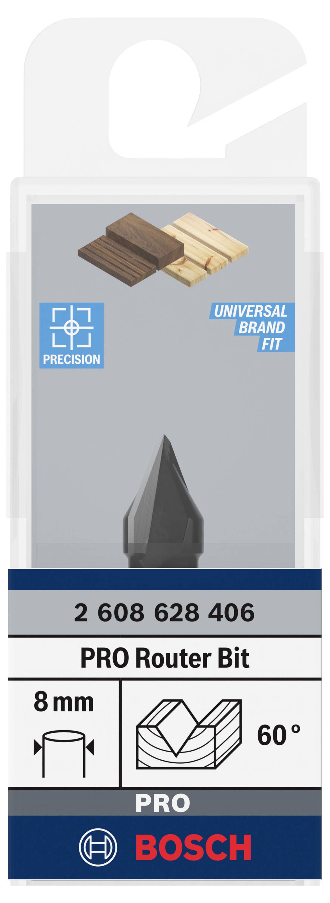 Frez Bosch PRO, 8 mm, 60°, kompatybilny z markami uniwersalnymi, do precyzyjnego frezowania drewna, w opakowaniu plastikowym.