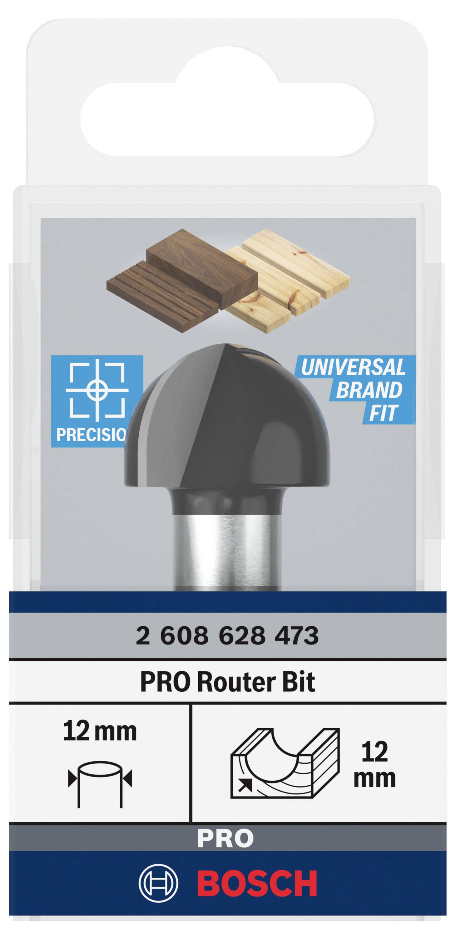 Frez do obróbki drewna, 12 mm, wyróżniony grafikami dla precyzji i uniwersalnego dopasowania. Nazwa marki na dole.