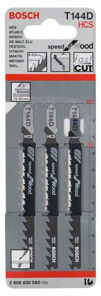 Trzy brzeszczoty do wyrzynarki Bosch T144D do drewna, opakowane. Odpowiednie do szybkich cięć. Zawiera specyfikacje techniczne.