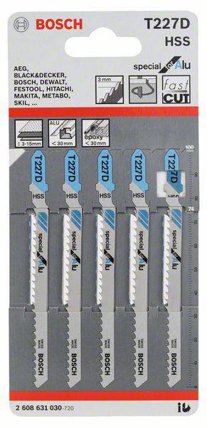 Пиляльне полотно для лобзика T 227 D, спеціальне для алюмінію, комплект з 5 шт. Аксесуари Bosch 2608631030 5 предм.