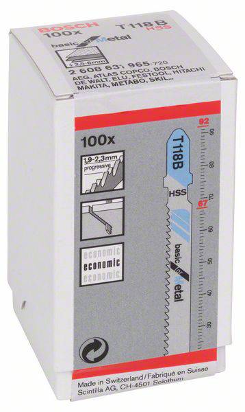 Opakowanie zestawu brzeszczotów Bosch T118B do metalu, 100 sztuk, z diagramem ekonomiczności i oznaczeniami rozmiaru 1,9-2,3 mm.
