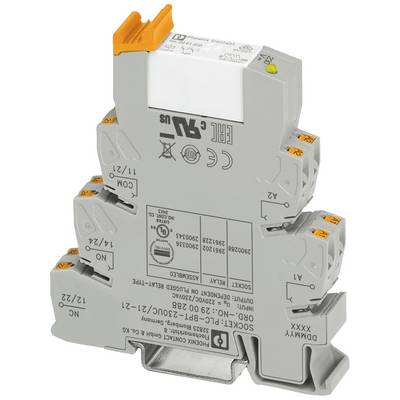 Moduł elektroniczny do montażu na szynie DIN, w kolorze szarym z pomarańczowymi zaciskami przyłączeniowymi, oznaczony opisem specyfikacji technicznych.