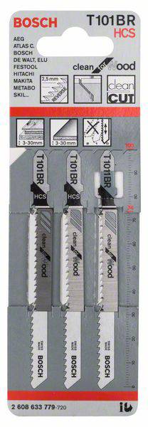 Trzy brzeszczoty Bosch do wyrzynarek do drewna, model T101BR, na karcie opakowaniowej. Odpowiednie do czystych cięć ze schematem nachylenia i zaleceniami użycia.