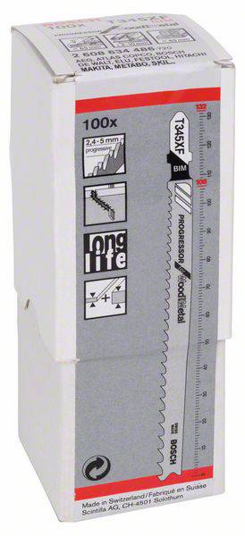 Пиляльне полотно для лобзика T 345 XF, Progressor для дерева та металу, комплект із 100 шт. Аксесуари Bosch 2608634486 100 шт.