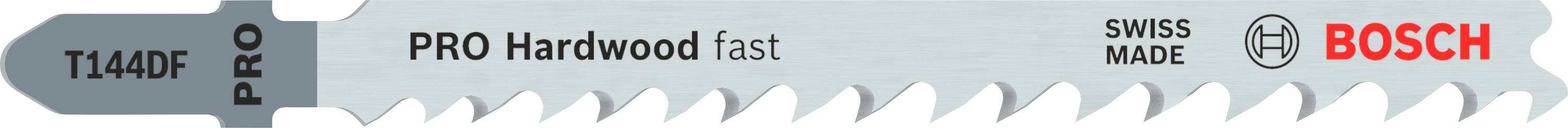 Brzeszczot Bosch 'PRO Hardwood fast', o średniej grubości zębów, w kolorze szarym, z napisem: 'SWISS MADE'.
