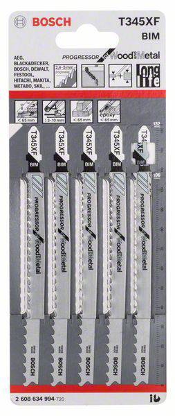Opakowanie brzeszczotów do wyrzynarek Bosch, model T345XF do drewna i metalu. Na opakowaniu przedstawiono pięć brzeszczotów o różnych wzorach uzębienia.