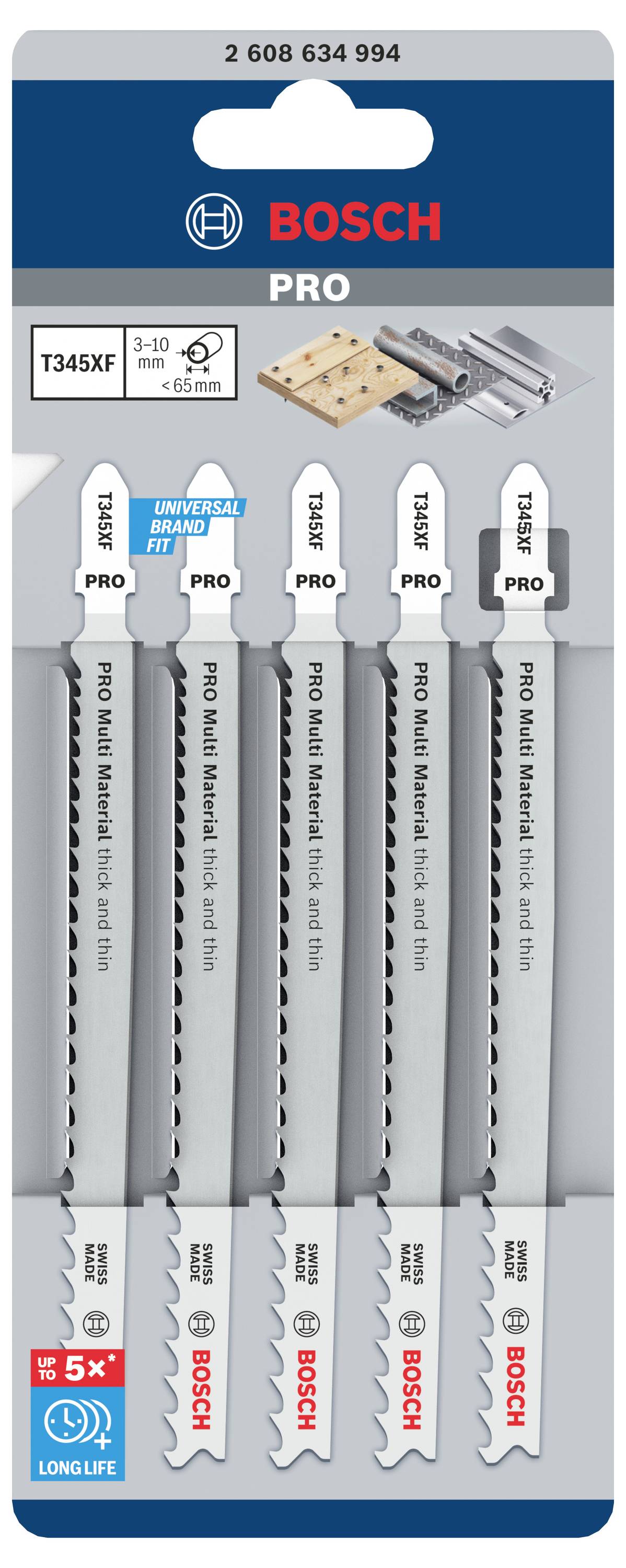 Pięć brzeszczotów do wyrzynarki firmy Bosch do drewna i metalu. Opakowanie pokazuje odpowiednie materiały i reklamę żywotności.