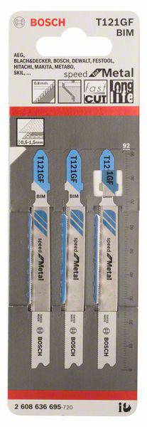 'Trzy metalowe brzeszczoty firmy Bosch, model T121GF BIM, odpowiednie do cięcia metalu. Opakowanie przedstawia zakres zastosowań i kompatybilność.'