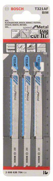 Opakowanie z trzema brzeszczotami do wyrzynarek Bosch do metalu, model T321AF BIM, z opcją szybkiego i krzywoliniowego cięcia.