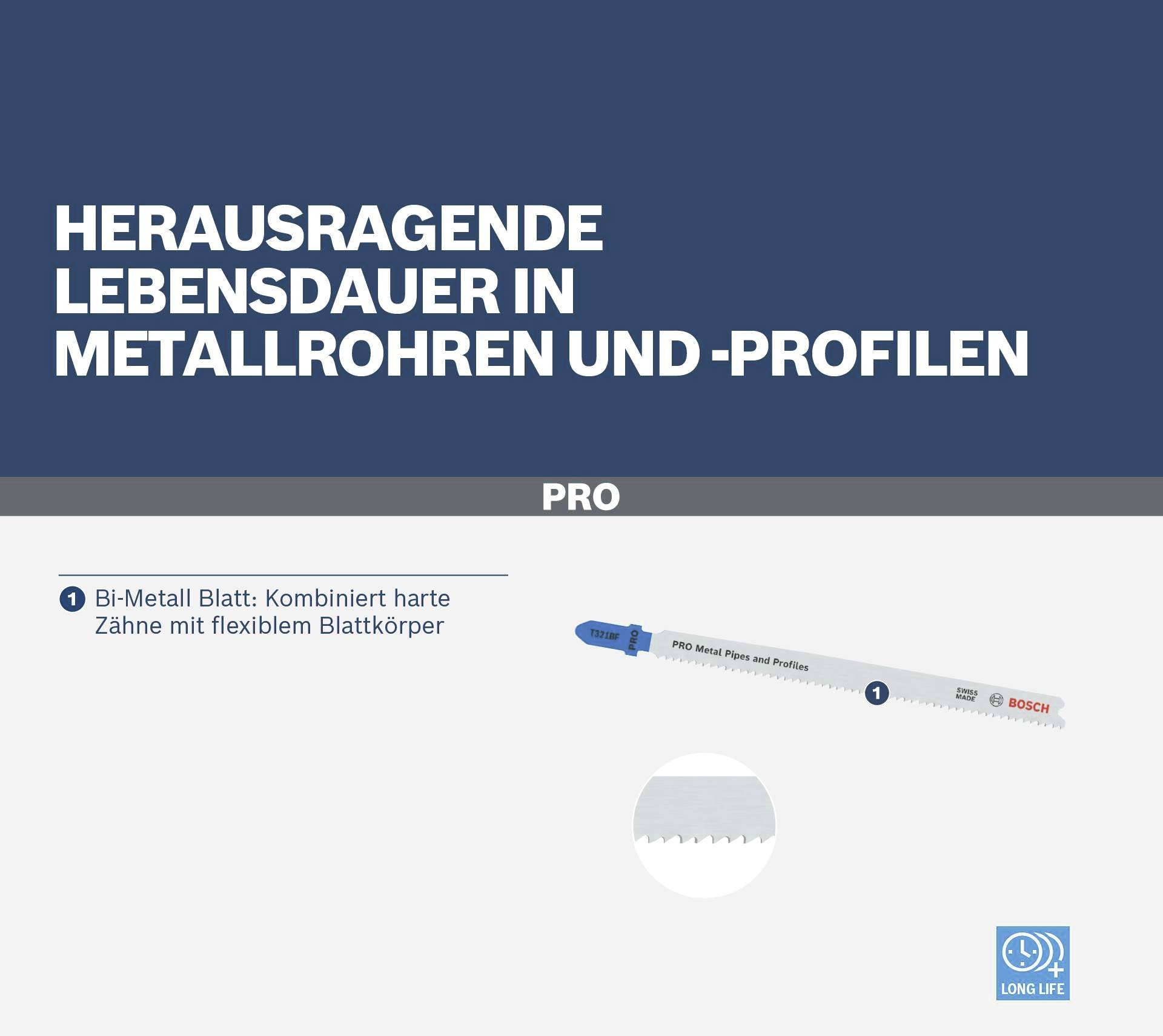 Brzeszczot dwumetalowy, odpowiedni do rur i profili metalowych. Wyjątkowa trwałość dzięki twardym zębom i elastycznemu korpusowi.