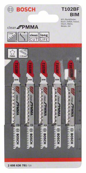 Opakowanie brzeszczotów do wyrzynarki Bosch, model T102BF BIM, do precyzyjnego cięcia PMMA. Zawiera pięć ostrzy.