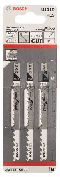'Brzeszczoty Bosch HCS U101D, 3 sztuki, do cięcia drewna. Kompatybilne z Black & Decker, Ryobi, Skil. Długość: 100 mm.'