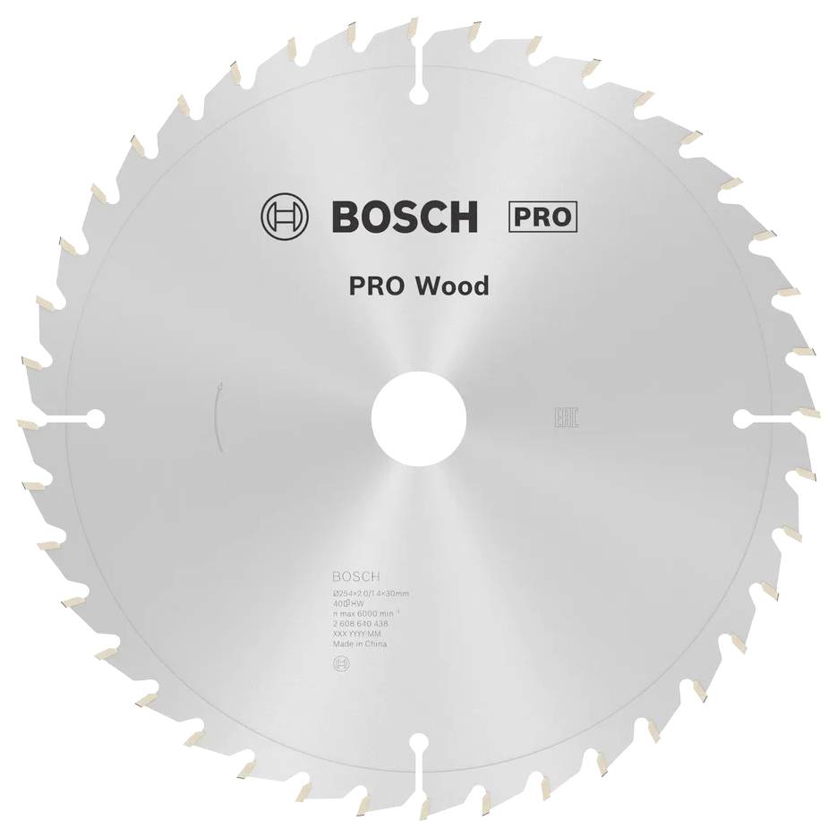 Tarcza pilarska Bosch PRO Wood z logo, zaprojektowana do cięcia drewna, z ostrymi zębami równomiernie rozmieszczonymi wokół krawędzi.