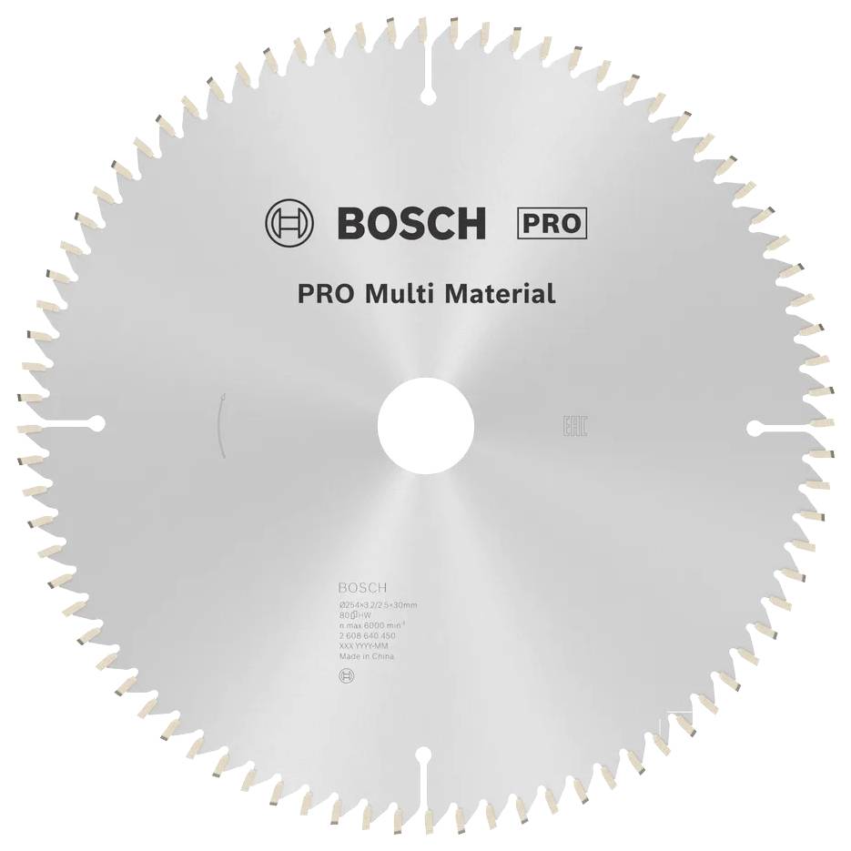 Tarcza piły tarczowej z oznaczeniem 'BOSCH PRO Multi Material' z równomiernie rozmieszczonymi zębami wokół krawędzi, przeznaczona do cięcia różnych materiałów.