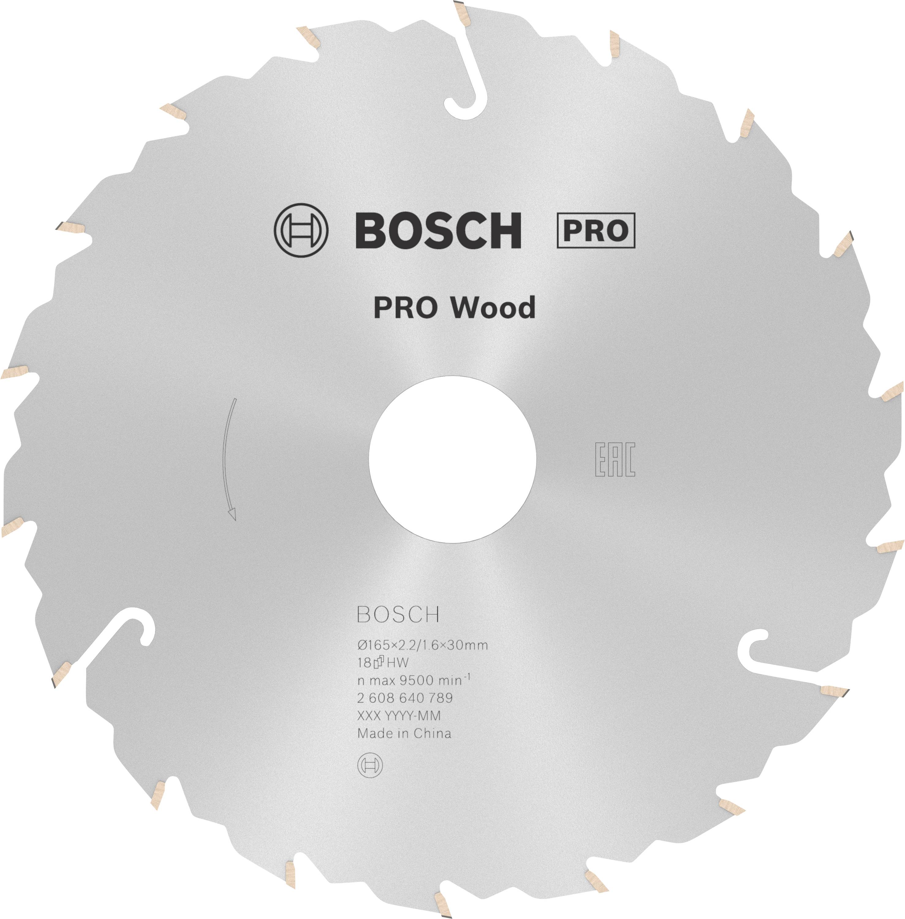 Tarcza piły tarczowej z napisem 'BOSCH PRO Wood', przeznaczona do cięcia drewna. Srebrne ostrze z ząbkowaną krawędzią.