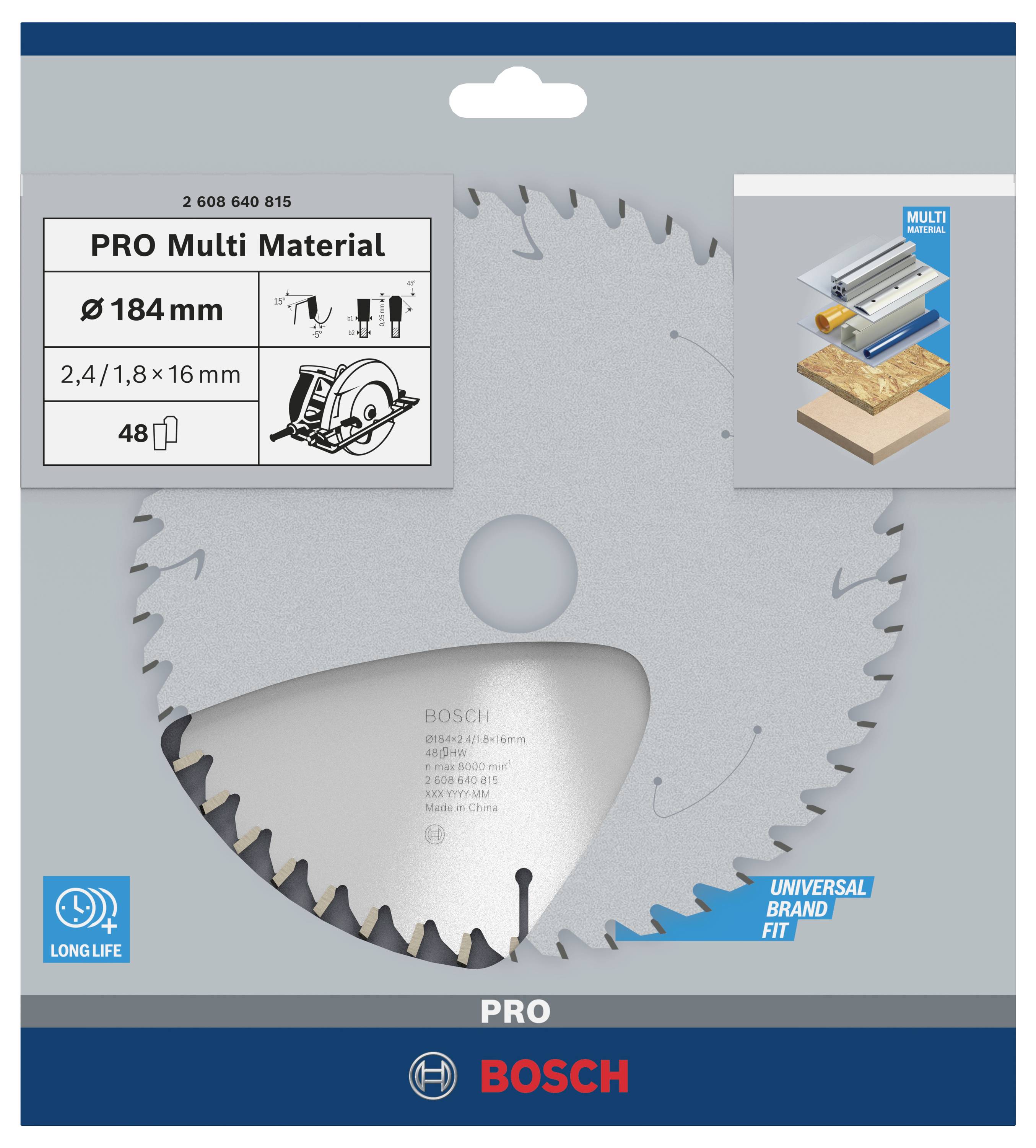 Piła tarczowa do różnych materiałów, średnica 184 mm, 48 zębów, odpowiednia do otworu 16 mm. Opakowanie pokazuje wysokość cięcia dla drewna, laminatu i aluminium.