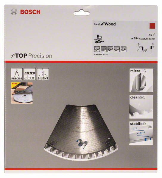 Opakowanie brzeszczotu 'Bosch' do drewna. Dane techniczne: Średnica 254 mm, 60 zębów. Nacisk na precyzję i czystość cięcia.