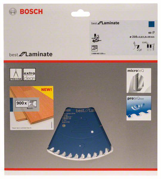 Opakowanie brzeszczotu Bosch do laminatu. Zawiera technologię 'extra clean' i 'microteQ'. Wymiary: 216 x 2,3/1,6 x 30 mm.