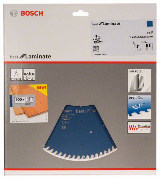 „Bosch najlepszy dla laminatu" Tarcza pilarska, 254 x 30 mm, wyjątkowo trwała, odpowiednia do laminatu. Wyposażona w mikrouzębienie i kontrolę wibracji.