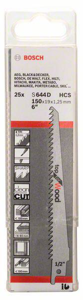 Opakowanie brzeszczotów do wyrzynarek Bosch, 25 sztuk, model S 644 D, przeznaczone do prac w drewnie. Zawiera szczegóły techniczne oraz nazwę marki.
