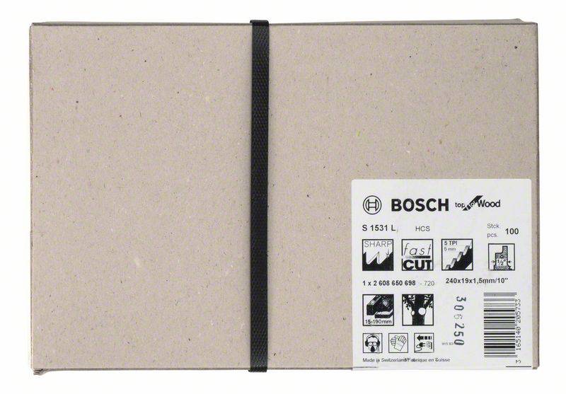 Opakowanie brzeszczotu Bosch 'Speed for Wood', numer artykułu, rysunki brzeszczotu, szczegóły produktu oraz informacje dotyczące użytkowania.