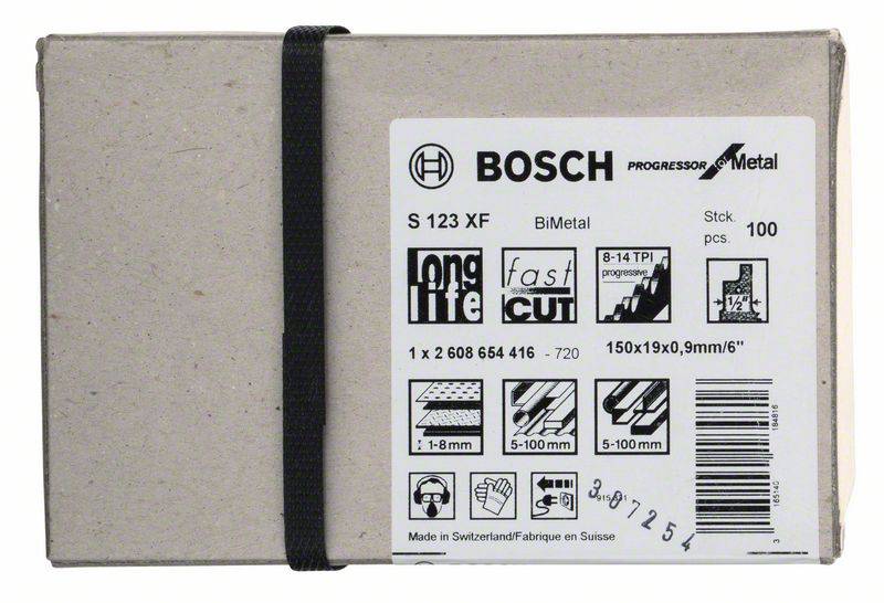 Opakowanie zawierające 100 brzeszczotów Bosch, model 'S 123 XF Progressor for Metal', przeznaczonych do cięcia metalu, o wymiarach 150x19x0,9 mm.