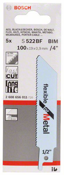 Пильне полотно для зворотно-поступальної пилки S 522 BF, гнучке для металу, комплект з 5 шт. Аксесуари Bosch 2608656011 5 предм.