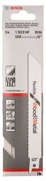 Пильне полотно для зворотно-поступальної пилки S 922 HF, гнучке для дерева та металу, комплект з 5 шт. Аксесуари Bosch 2608656016 