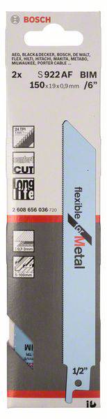 Opakowanie brzeszczotu Bosch do metalu, długości 150 mm. Zawiera szczegóły dotyczące technologii bimetalowej oraz rysunek brzeszczotu.