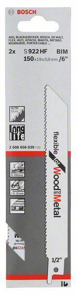 Пильне полотно для зворотно-поступальної пилки S 922 HF, гнучке для дерева та металу, комплект з 2 шт. Аксесуари Bosch 2608656039 