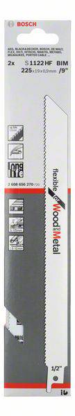 Opakowanie zestawu brzeszczotów Bosch S1122HF BIM, składającego się z dwóch 225-milimetrowych ostrzy, przeznaczonych do cięcia drewna i metalu.