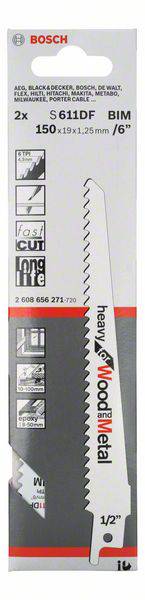 Piła szablasta Bosch na opakowaniu. Brzeszczot nadaje się do cięcia drewna i metalu, o długości 150 mm.