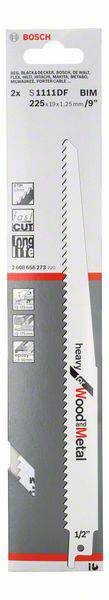 Opakowanie brzeszczotu Bosch, model S 1111 DF, do cięcia metalu. Wymiary: 225 mm, grubość 1,8 mm. Zawartość: dwa sztuki.