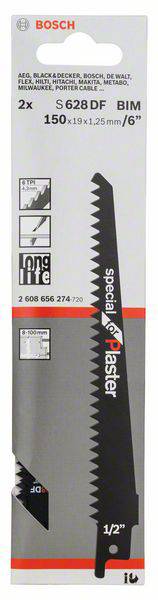 Opakowanie brzeszczotu Bosch, model 'S 628 DF BIM', odpowiedni do gipsu. Pokazuje zdjęcie brzeszczotu i specyfikację techniczną.