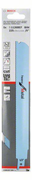 Opakowanie brzeszczotu Bosch do piły szablowej, typ S 1126 BEF, długość 225 mm, do metalu i drewna, 5 sztuk, z ilustracją zastosowania.