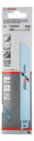 Пильне полотно для зворотно-поступальної пилки S 925 VF, важке для металу, комплект з 5 шт. Аксесуари Bosch 2608657407 5 предм.