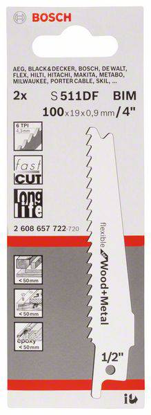 Brzeszczot do wyrzynarki do drewna i metalu, model S 511 DF BIM, 100 x 19 x 0,9 mm. Marki: AEG, Bosch, DeWalt i inne.