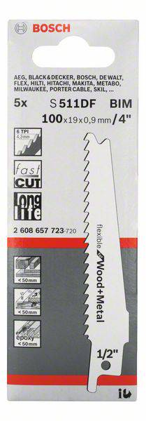 Opakowanie brzeszczotu Bosch, S 511 DF BIM, 100x19x0,9 mm. Odpowiedni do drewna i metalu. Zawiera 5 brzeszczotów.