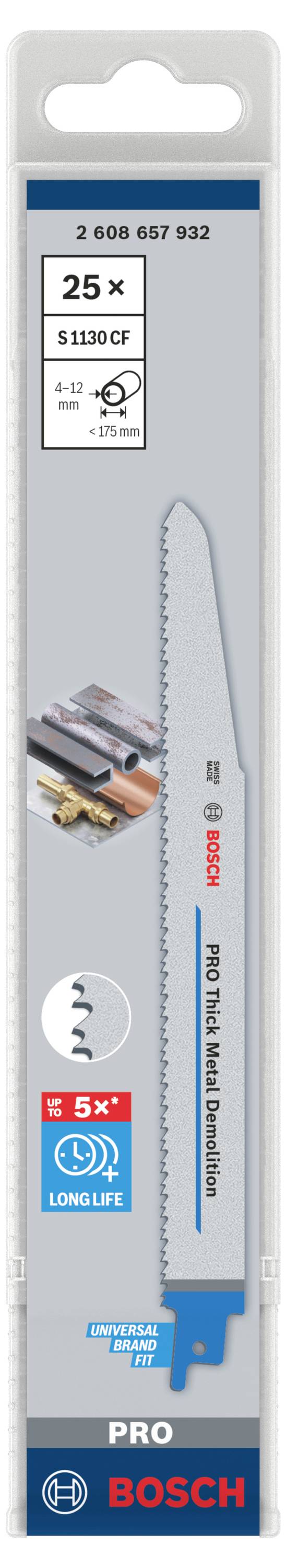 Opakowanie brzeszczotów Bosch. Nadaje się do metalu, plastiku, rur. 'Pro Thick Metal' o długiej żywotności, opakowanie 25 sztuk.