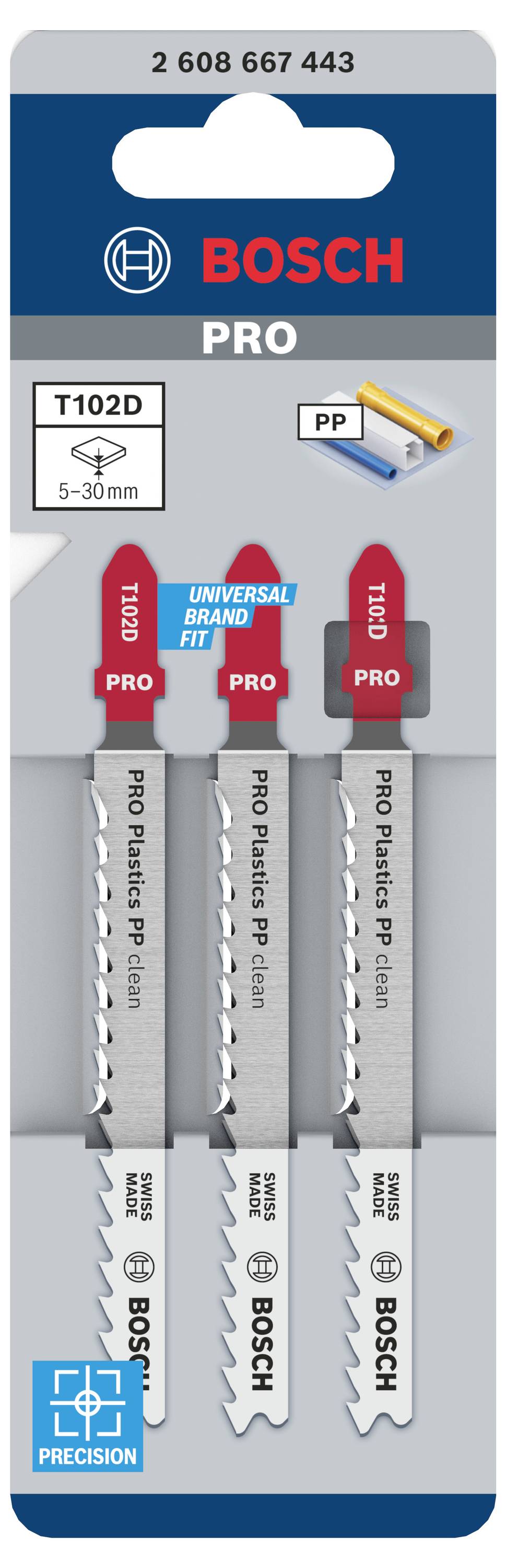 Trzy brzeszczoty do wyrzynarki Bosch PRO T102D do precyzyjnego cięcia materiałów z tworzyw sztucznych, odpowiednie do grubości 5-30 mm, geometria zapewniająca mniej pęknięć.