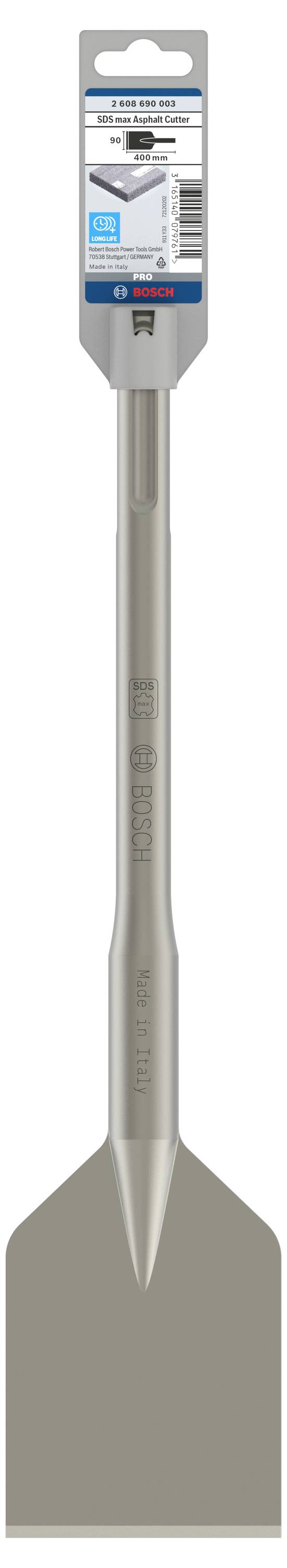 Szerokie dłuto skrobakowe z długą, srebrną rączką i etykietowaną główką, odpowiednie do ciężkich prac rozbiórkowych lub usuwania podłóg.