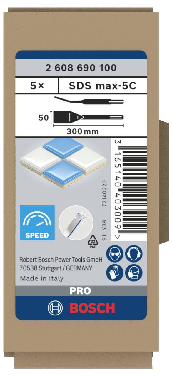 Opakowanie zestawu 5 wierteł SDS max-5C o długości 300 mm, marka Bosch, z symbolami prędkości i żywotności, wyprodukowane we Włoszech.
