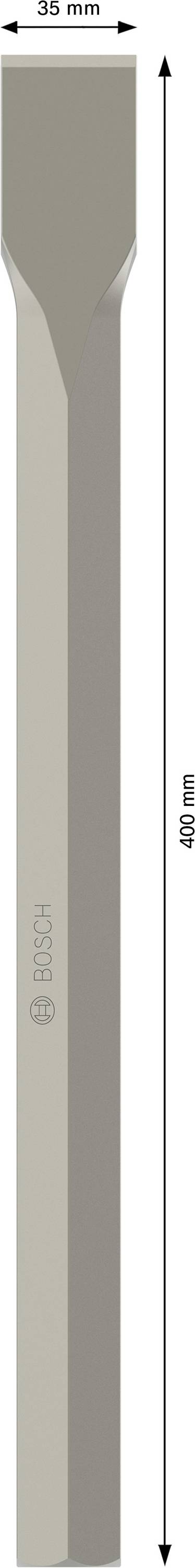 Dłuto z płaskim ostrzem do prac rozbiórkowych. Długość: 400 mm, szerokość: 35 mm, nazwa producenta wytłoczona na powierzchni.
