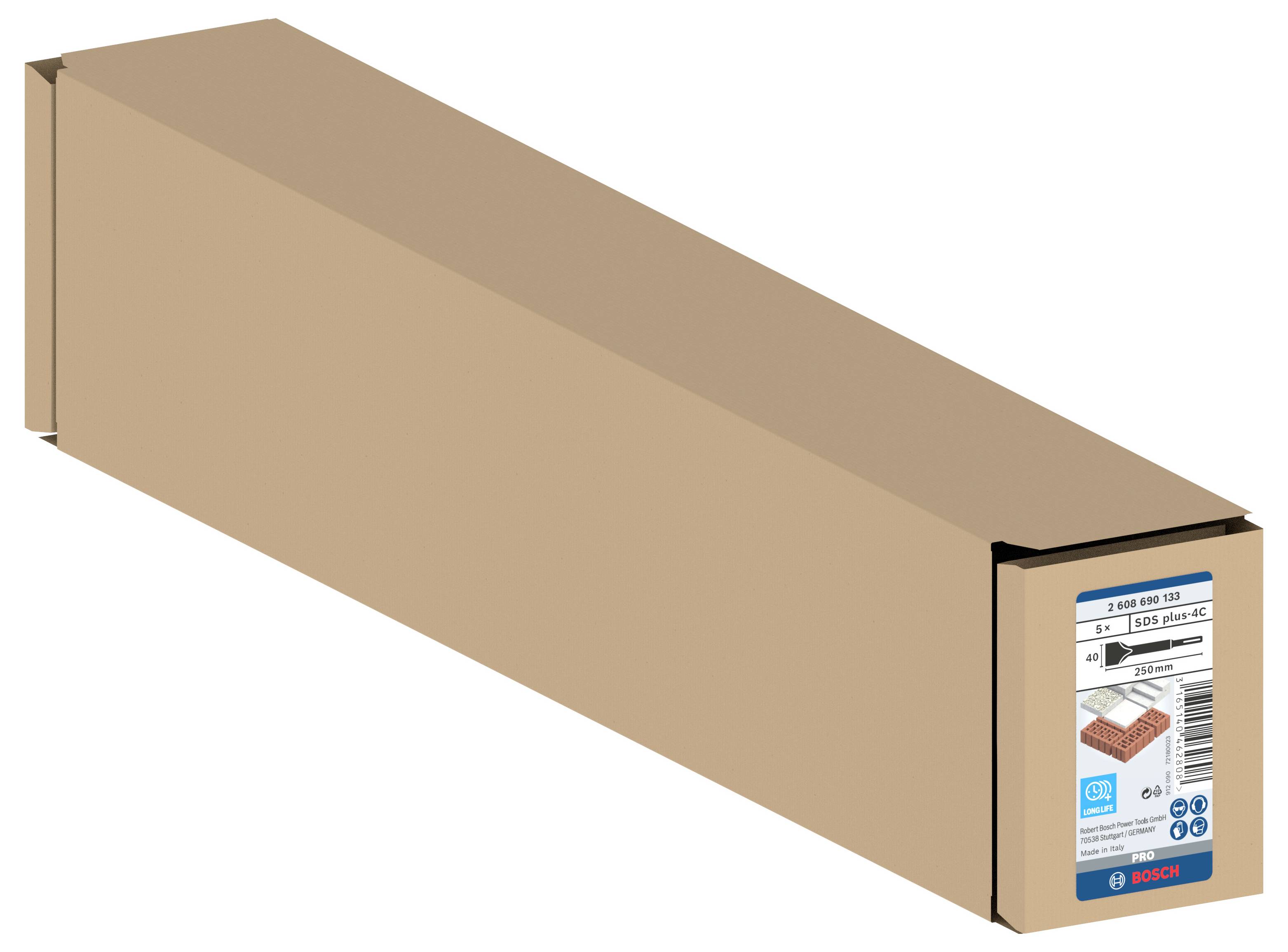 Prostokątne, zamknięte pudełko z logo Bosch, zawiera wiertła do cegły.