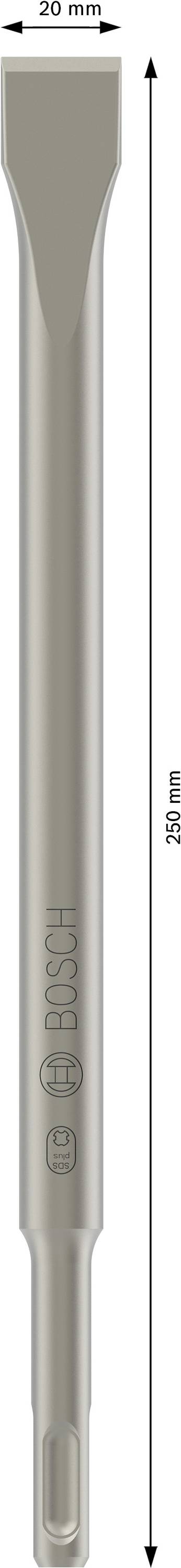 Płaskie dłuto Bosch, szerokość 20 mm i długość 250 mm, odpowiednie do systemów mocowania SDS. Idealne do prac betonowych i remontów.
