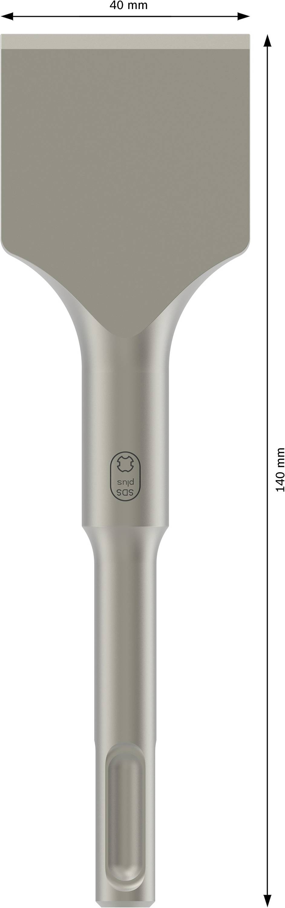 Płaskie dłuto o szerokości 40 mm i całkowitej długości 140 mm, odpowiednie do prac budowlanych lub usuwania materiału.